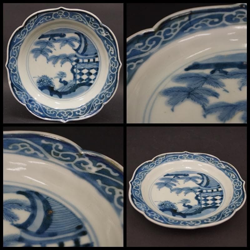 伊万里焼 成化年製 等 輪花形 染付皿 色絵丸皿 小皿 飾皿 二点セット