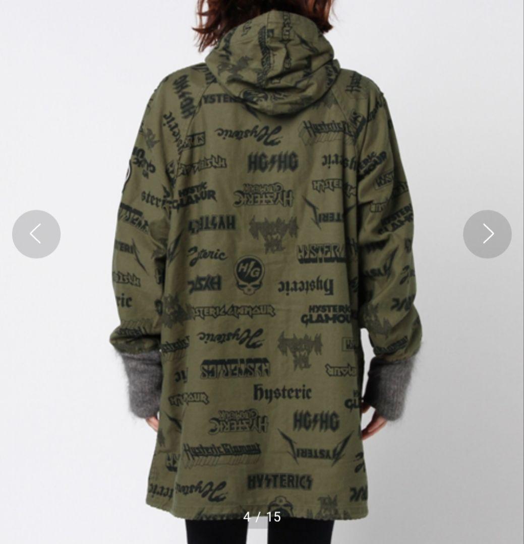 【美品】ヒステリックグラマー　総柄モッズコート　袖リブ　スカルワッペン　カーキ系