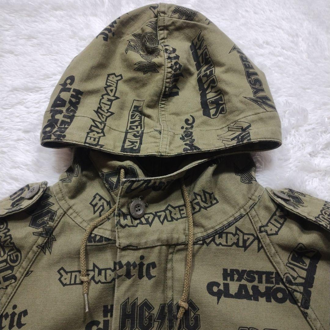 【美品】ヒステリックグラマー　総柄モッズコート　袖リブ　スカルワッペン　カーキ系