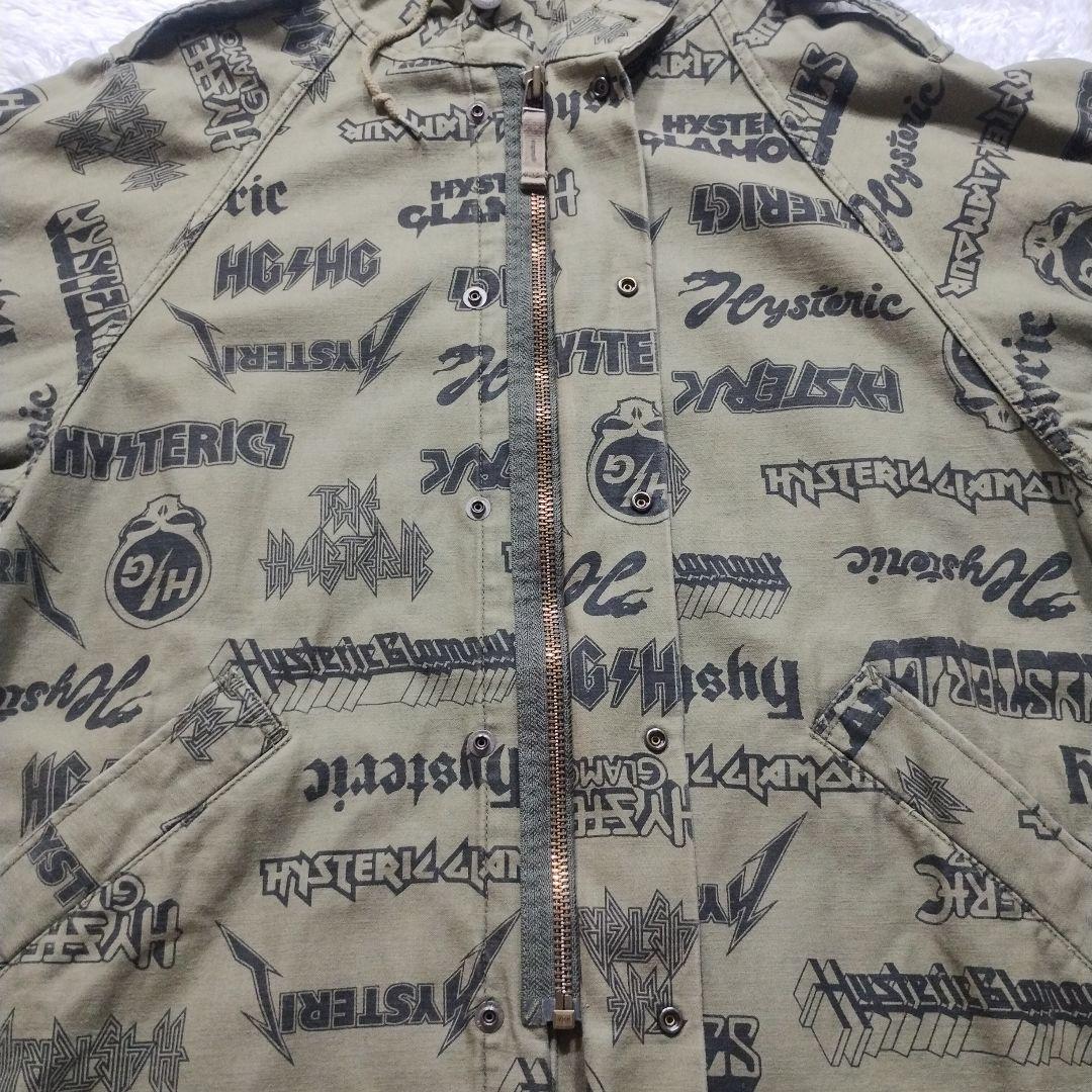 【美品】ヒステリックグラマー　総柄モッズコート　袖リブ　スカルワッペン　カーキ系