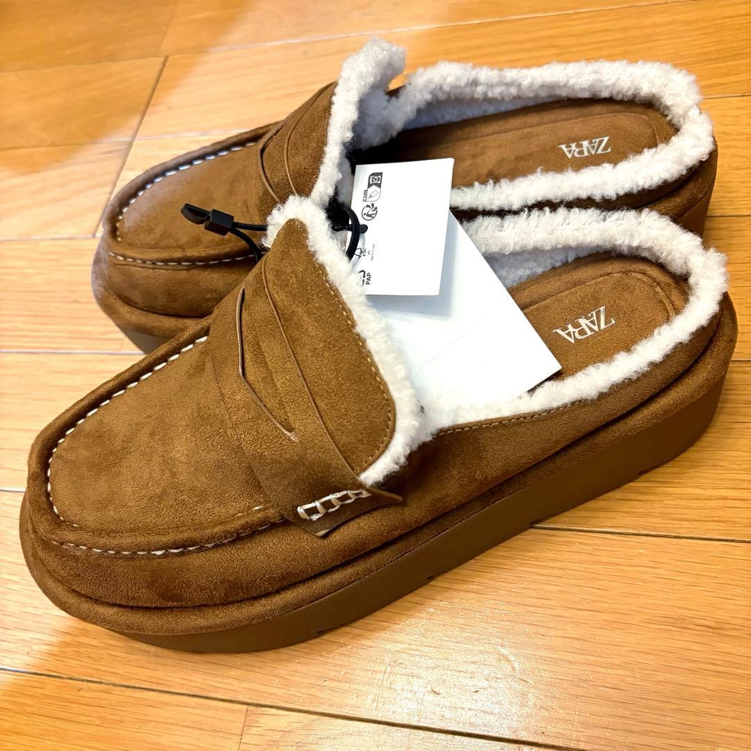 【ZARA】ザラ 39 プラットフォームミュールローファー ムートン ボア