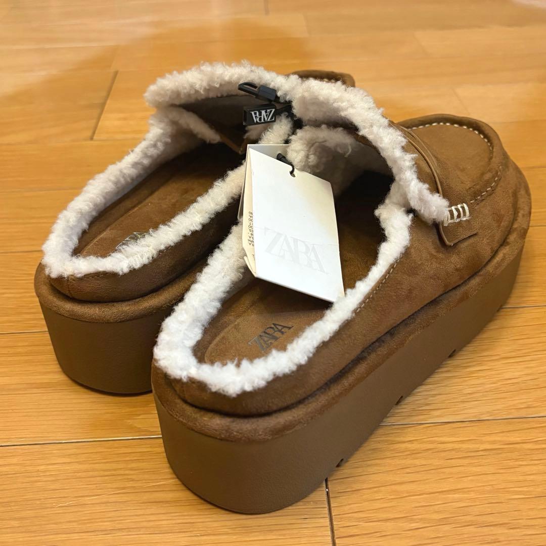 【ZARA】ザラ 39 プラットフォームミュールローファー ムートン ボア