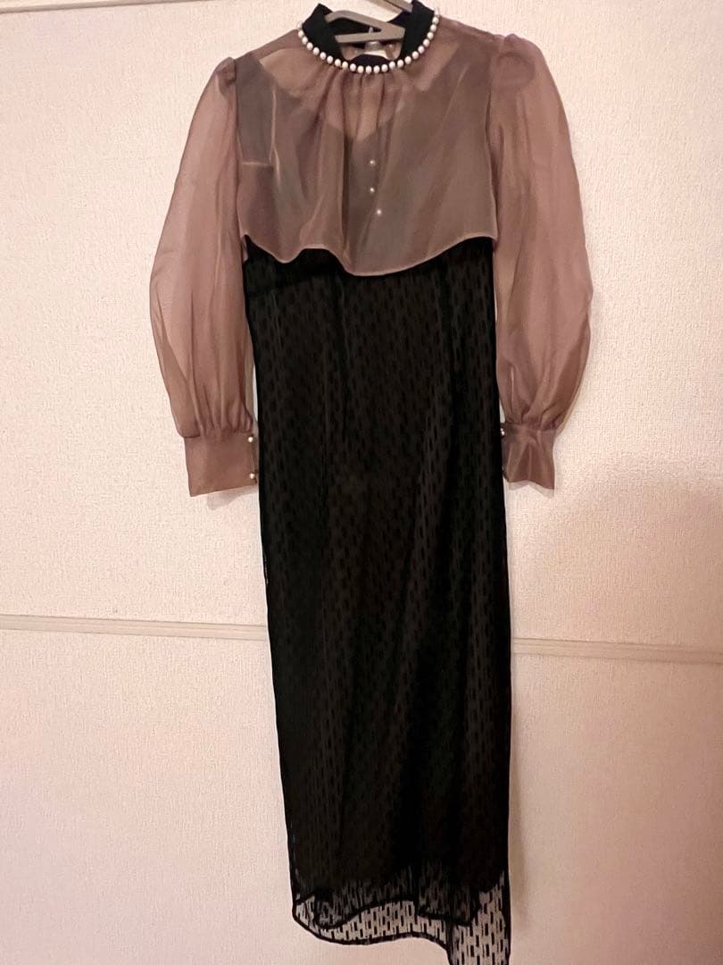 【LEJA】パールネックパフスリーブボレロ格子レースワンピースドレス　Mサイズ