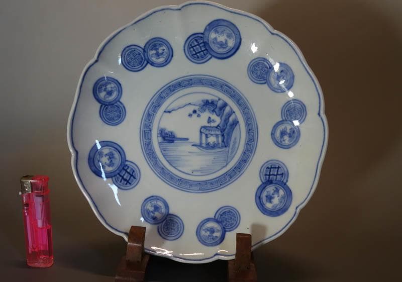 古伊万里 染付　丸文散中皿　3枚　楼閣山水図　渦福　輪花　 江戸後期 2253