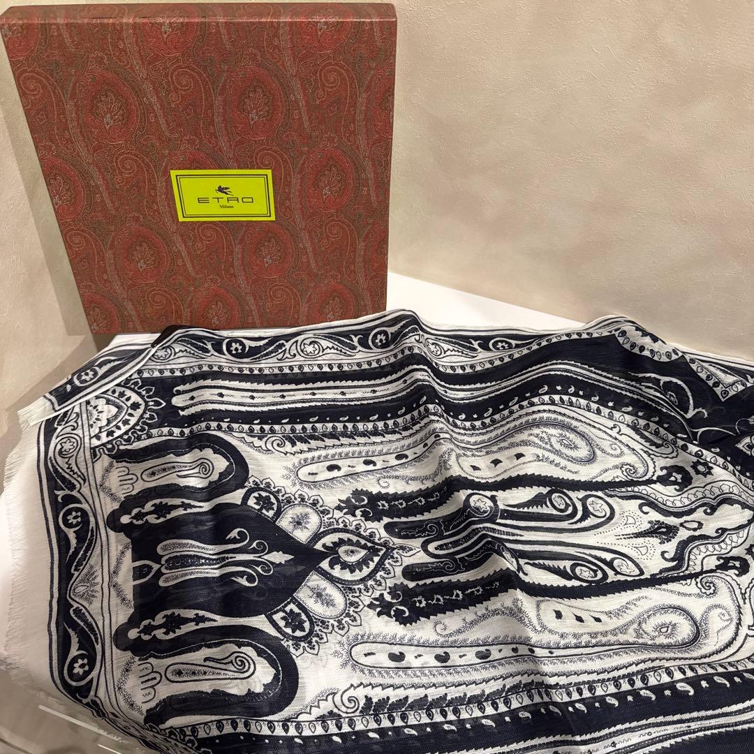 ETRO ペイズリー柄 ストール130×45 ネイビー/ホワイト
