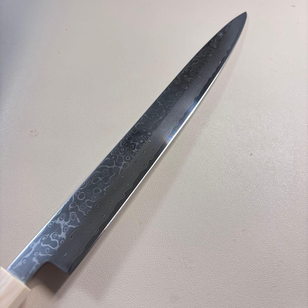 尺300mm 柳刃包丁 墨流しダマスカス　人工象牙八角柄 和包丁 白'-