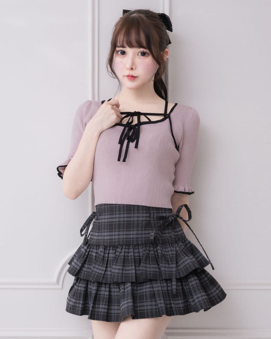 pium サイドリボンティアードスカート チェック柄フリルミニスカート