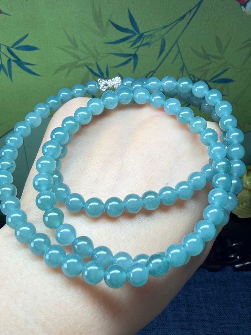 お買い得❣️天然本翡翠　完美度高い、純正ブルー氷藍水一連ネックレス　鑑定書付き