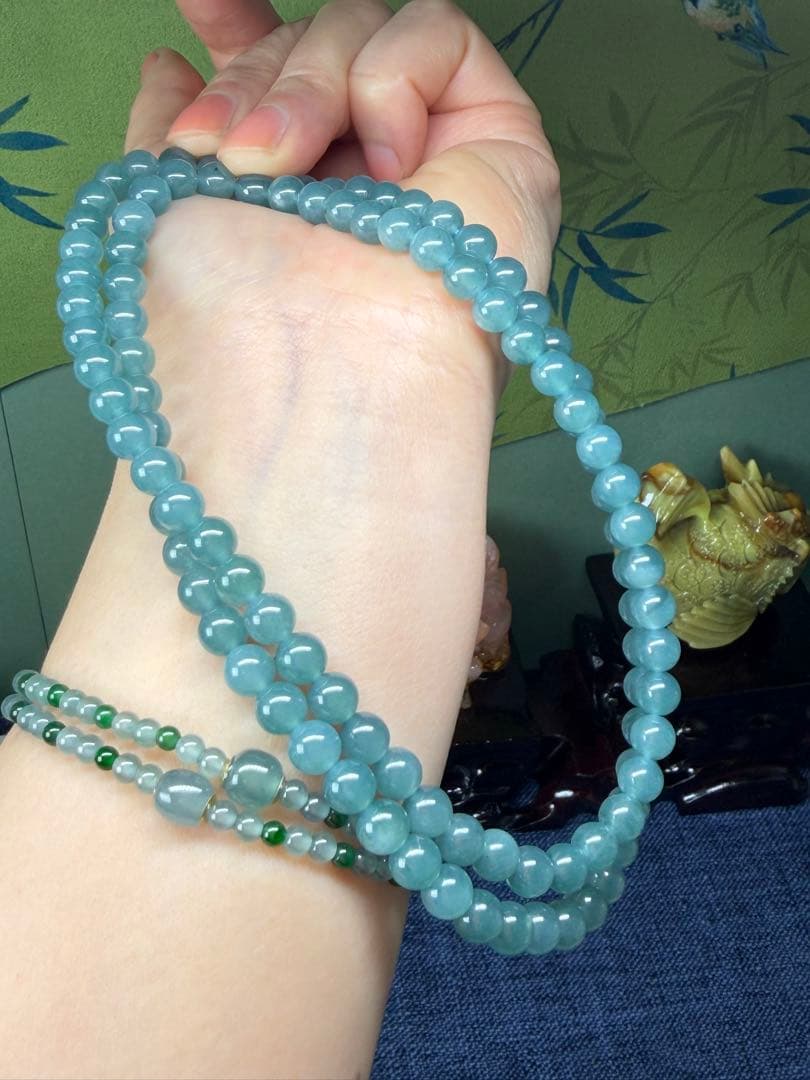 お買い得❣️天然本翡翠　完美度高い、純正ブルー氷藍水一連ネックレス　鑑定書付き