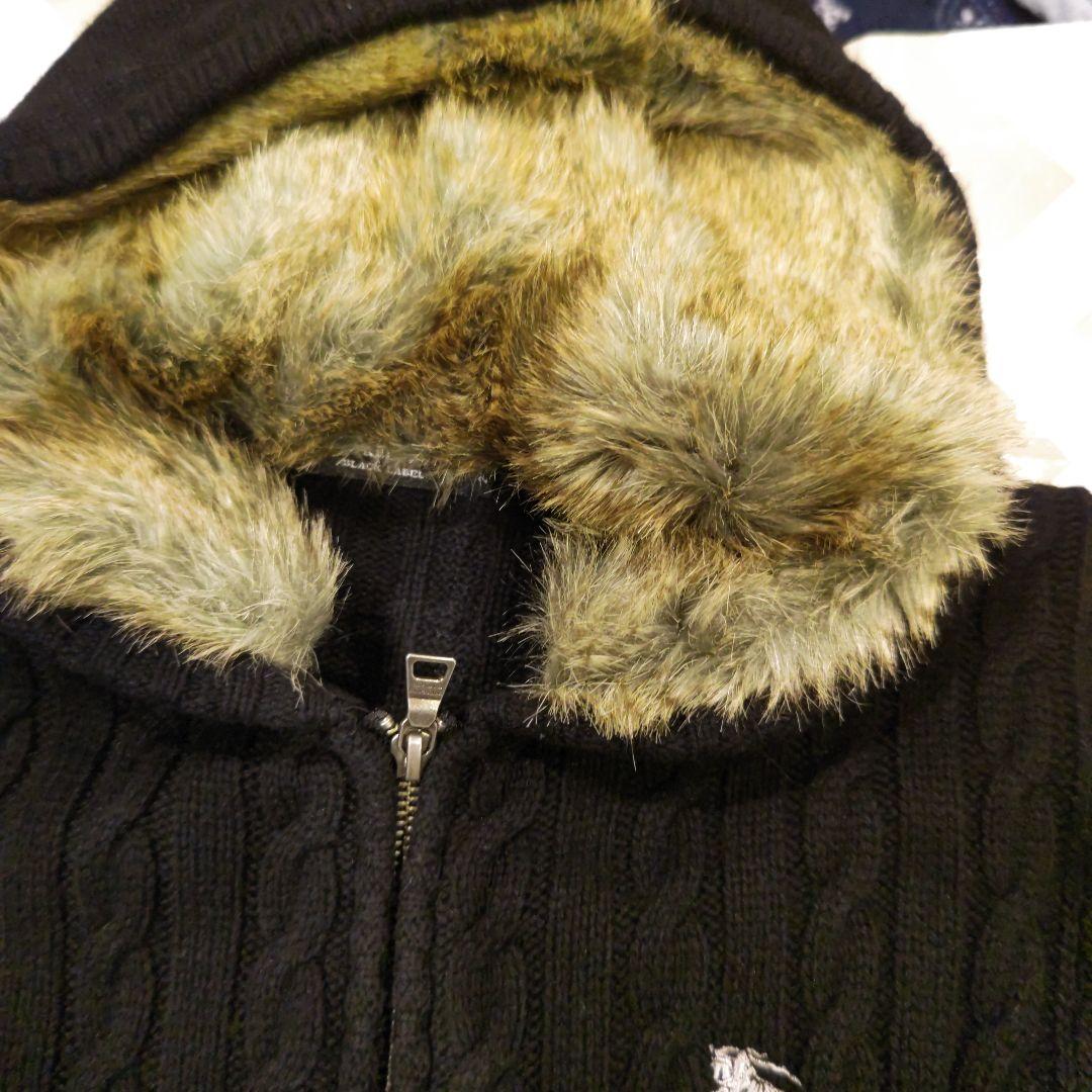 BURBERRYファー付き黒ケーブルニットジャケット