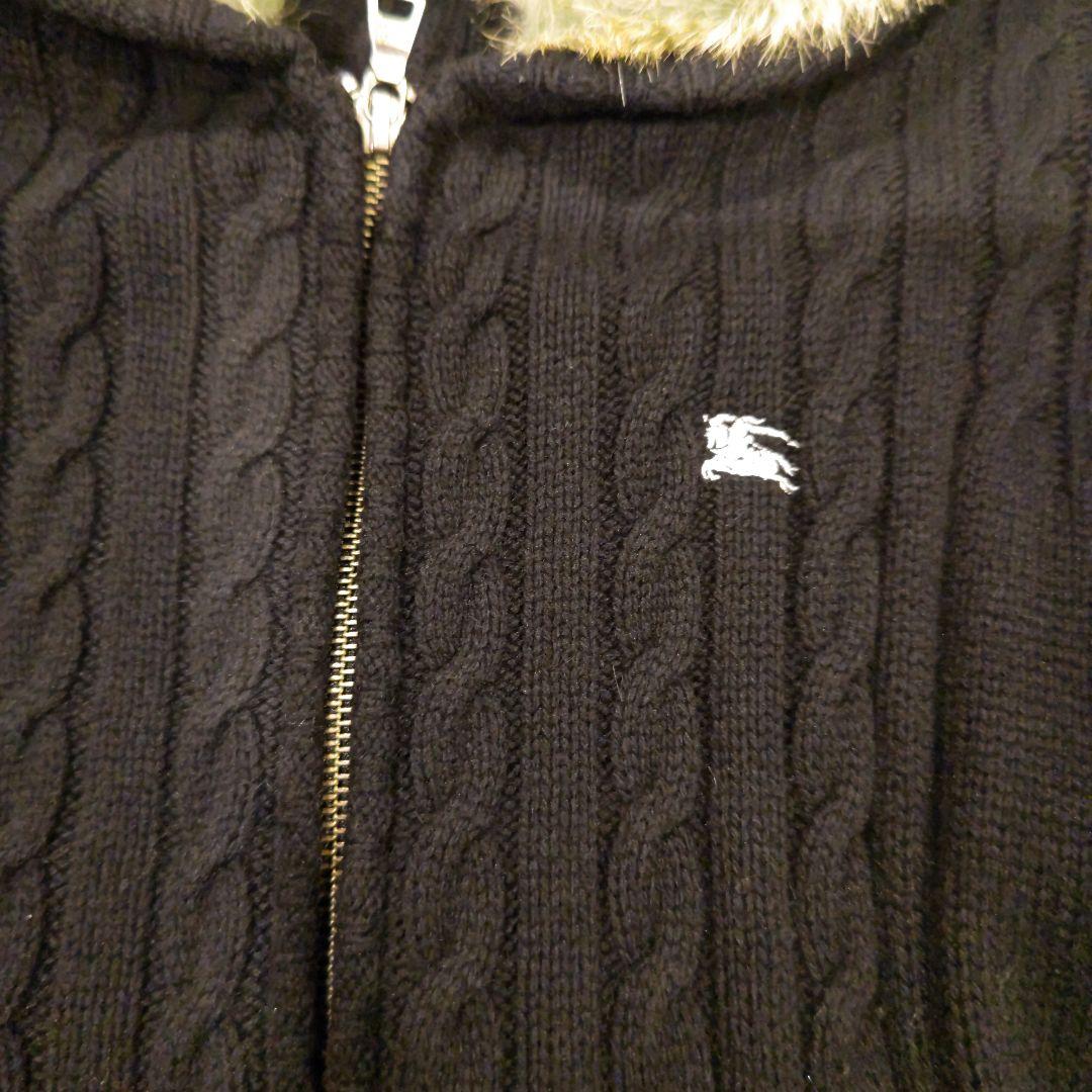 BURBERRYファー付き黒ケーブルニットジャケット