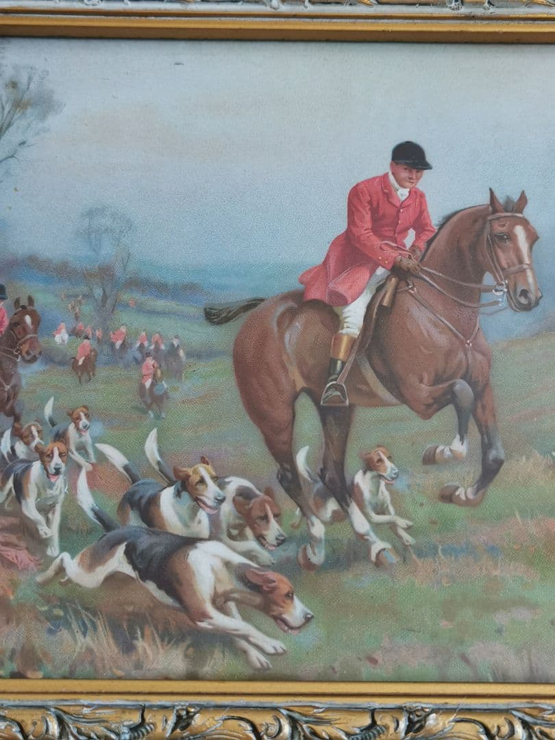 ベルギー アンティーク 狩猟シーンの印刷紙 馬と犬 額装 金彩彫ガラスフレーム