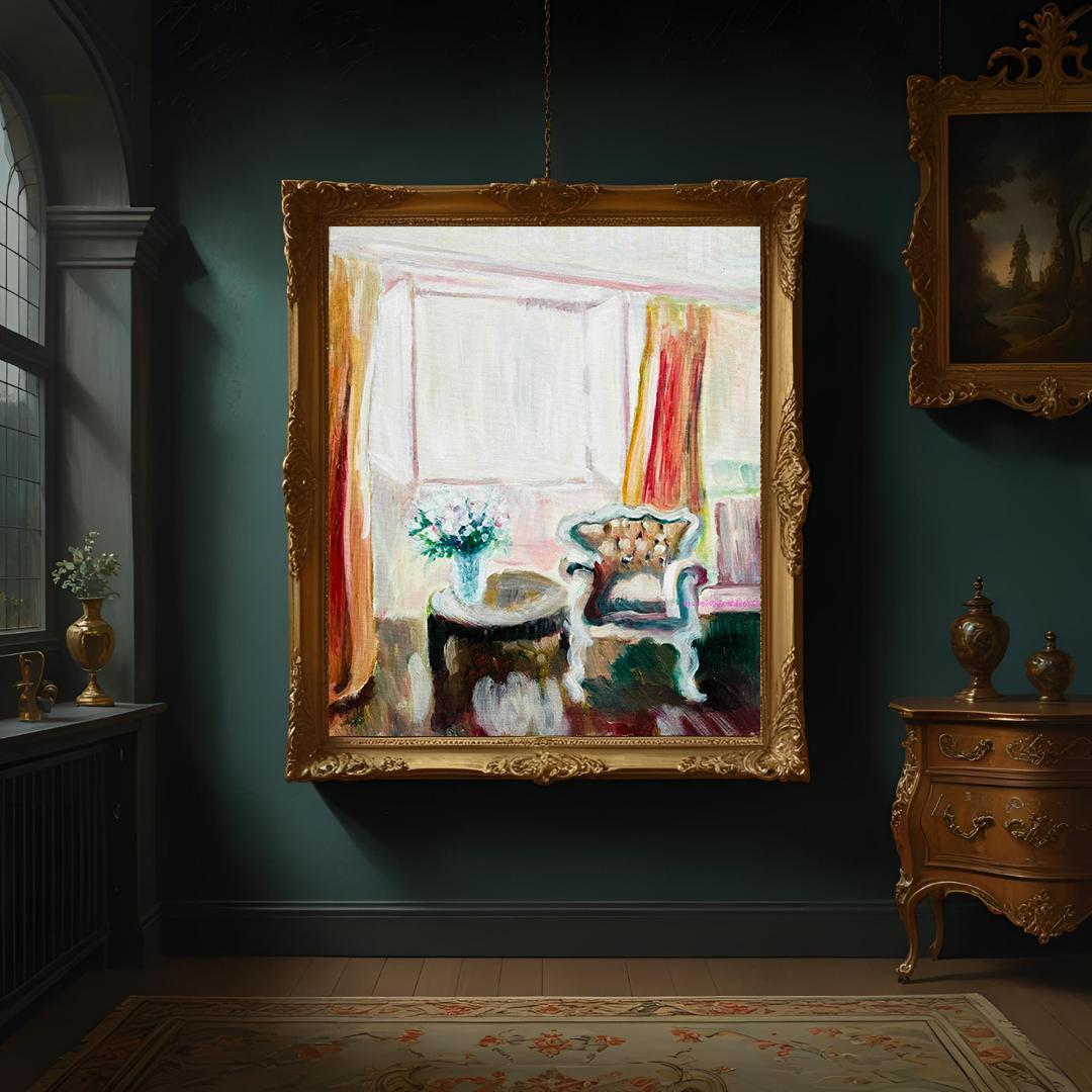 46×53㎝「窓辺の椅子とテーブル」油彩・額装（４枚面画像)・原画・F10