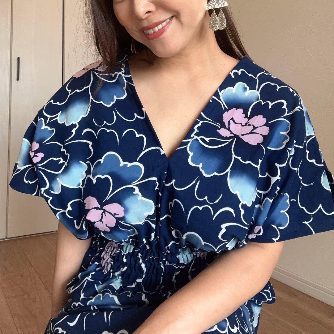 一点物　本染浴衣　ワンピース ハンドメイド　ロング　マキシ　シンプル　紺　綿