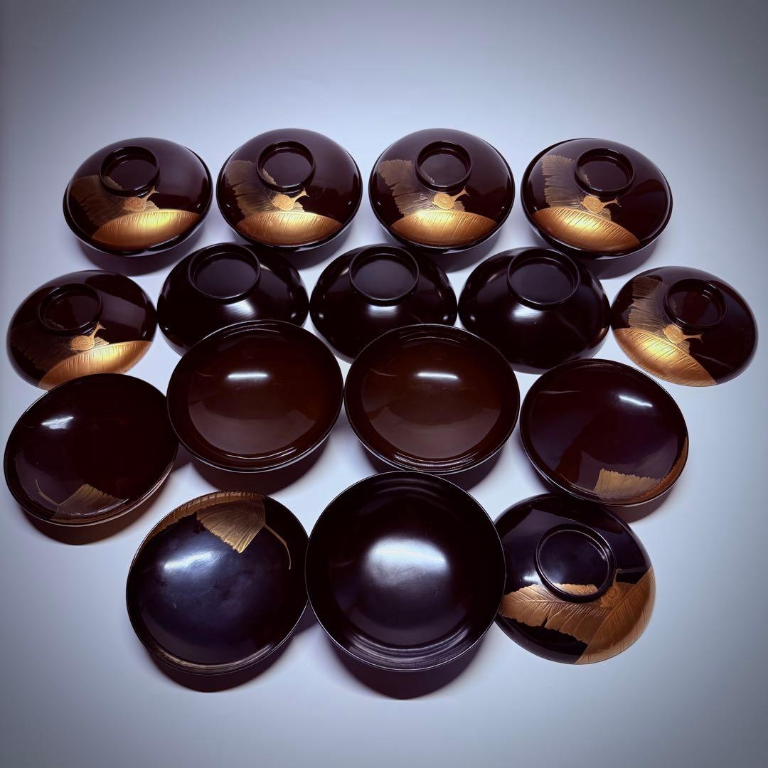 漆器輪島塗　蒔絵金彩細工　沈金木製　蓋付椀　お煮物椀　吸物椀　10 客