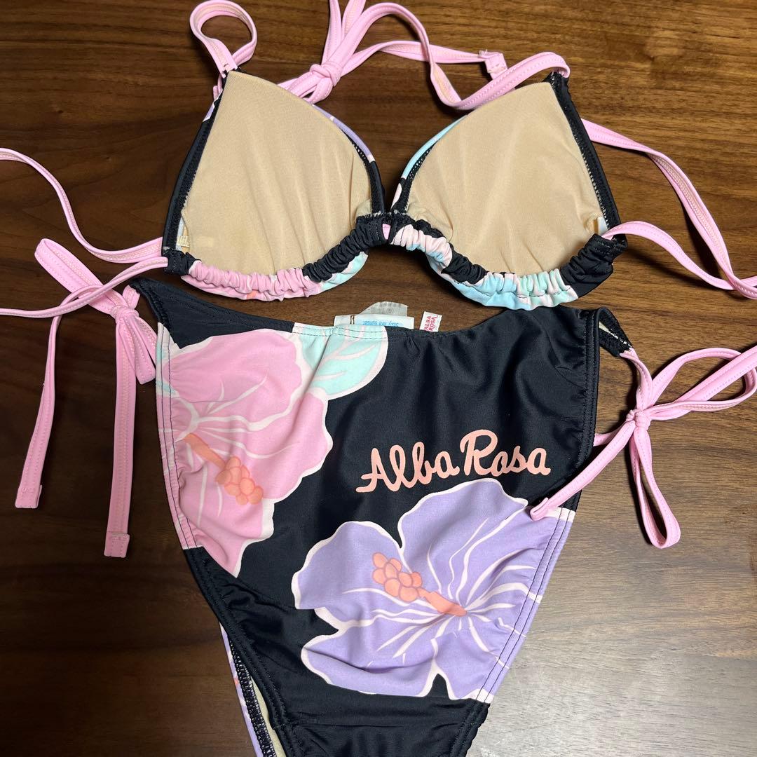 ALBAROSA ハイビスカス柄 水着 F 黒×ピンク