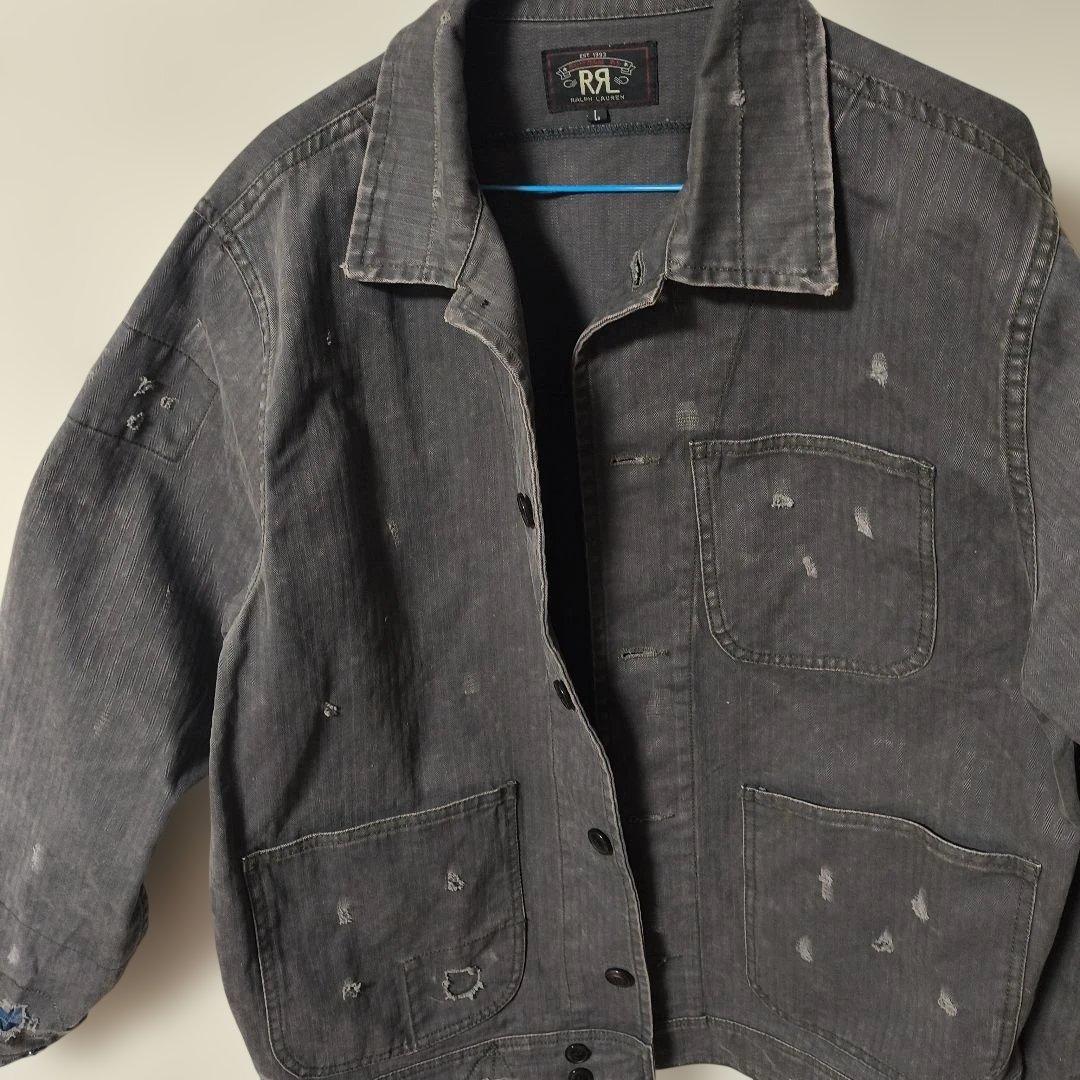 RRL グレー ヘリンボーンジャケット Lサイズ　ダメージ加工