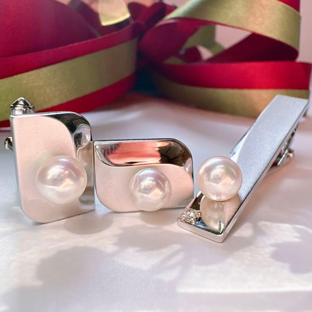 TASAKI 田崎真珠　アコヤパール&ダイヤ0.04　カフス　ネクタイピン