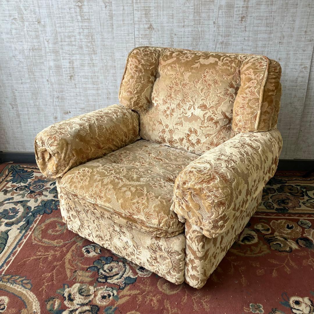① 昭和レトロ マルニ木工 花柄ベロアソファー 一人掛けソファー アームチェア