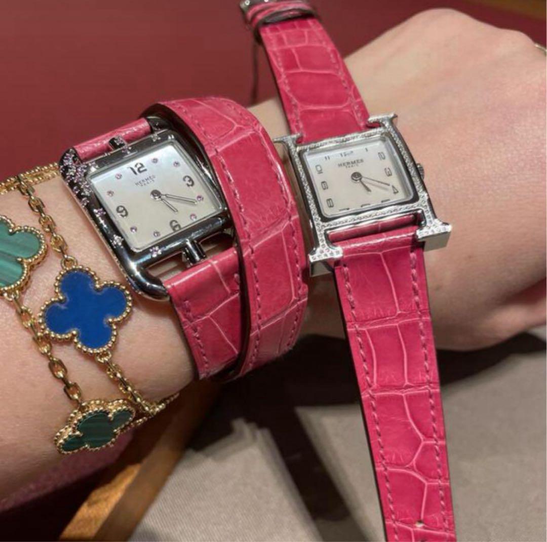 HERMES クロコ ピンク ダイヤモンド サファイア 時計 ケープコッド