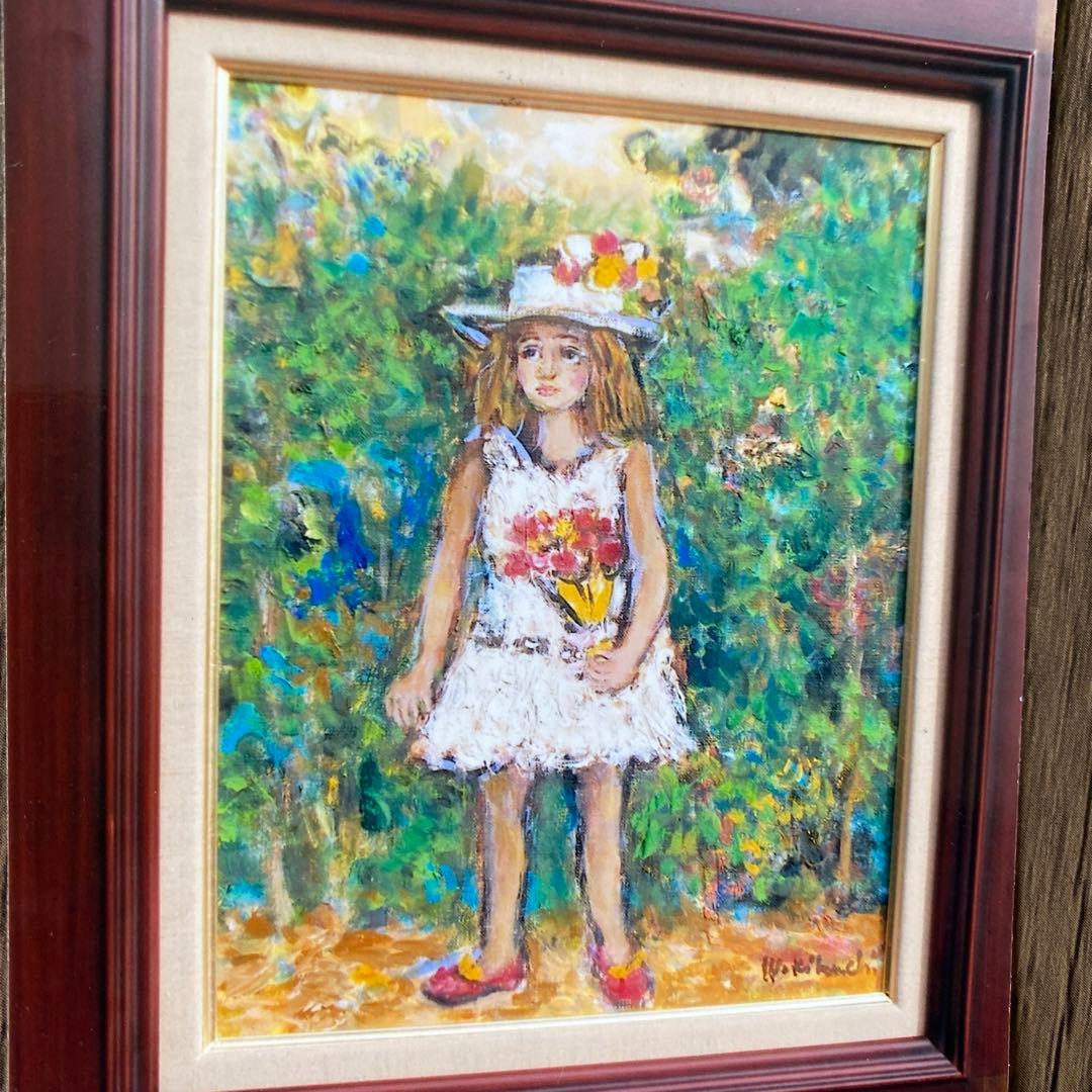 絵画　油彩画　油絵　「ブーケを持つ少女」F6号　菊地正則　額付き　美品　送料無料