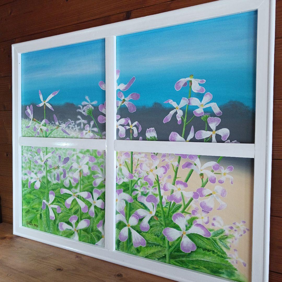 アクリル画　海と花が見える窓　　　浜ダイコンの花が咲く浜辺
