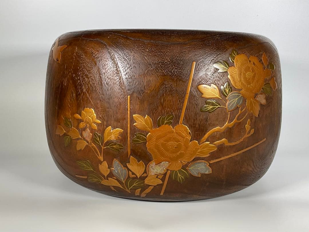 蒔絵　桐火鉢　手炙り　雀・草花文　螺鈿細工　内側銅器　外径約３２cm