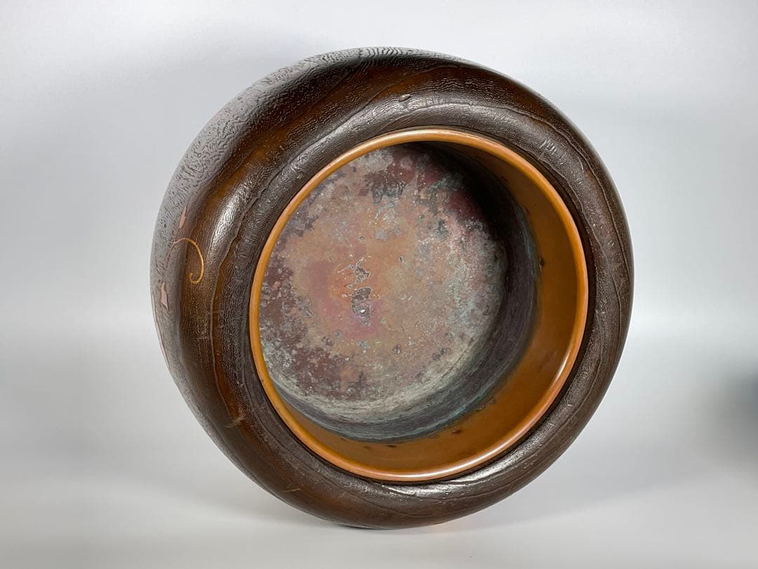 蒔絵　桐火鉢　手炙り　雀・草花文　螺鈿細工　内側銅器　外径約３２cm