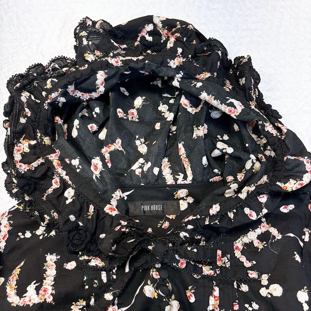 極美品✨PINK HOUSE フード付きフラワープリント チュニック　うさぎ　黒