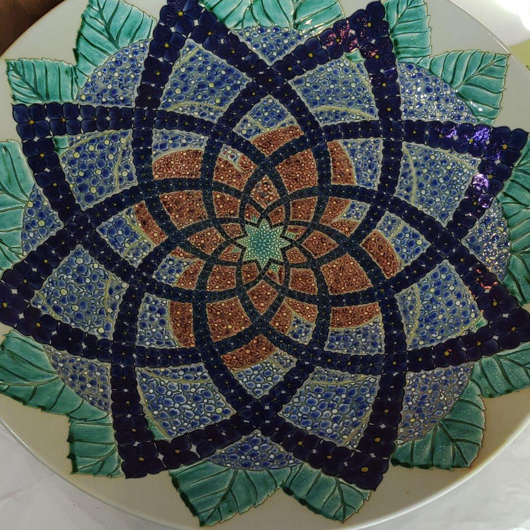 九谷焼　大皿　飾皿　吉崎英治　釉裏銀彩華文