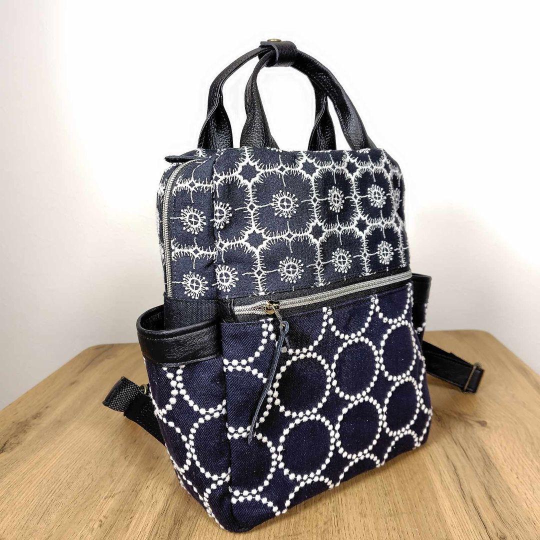 【専用】/タンバリンネイビー×アネモネ/ボストン型トートリュック本革黒