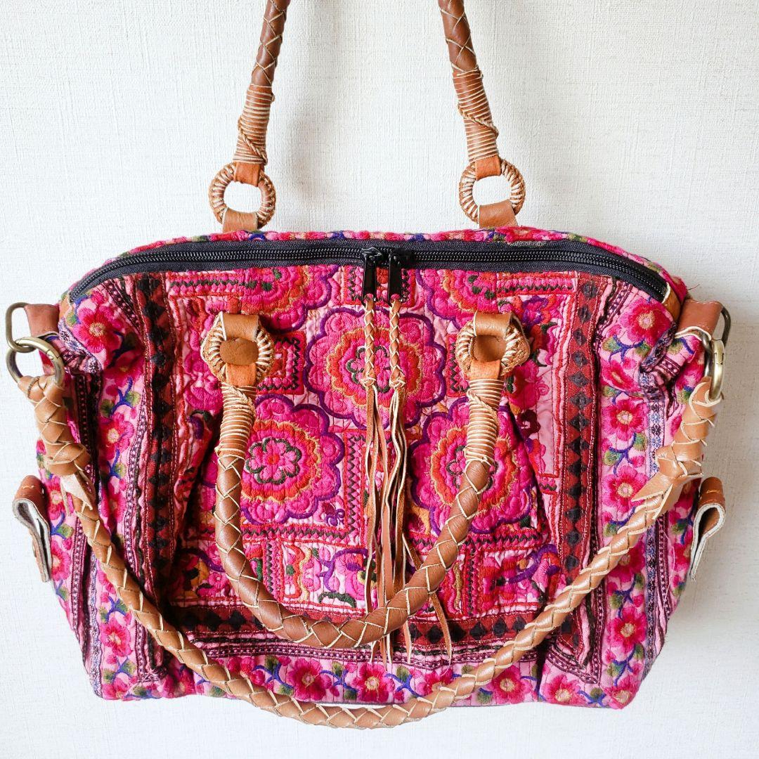 ★ 一点物 未使用 ★ アジア 少数民族 刺繍 古布 ショルダーバッグ ピンク