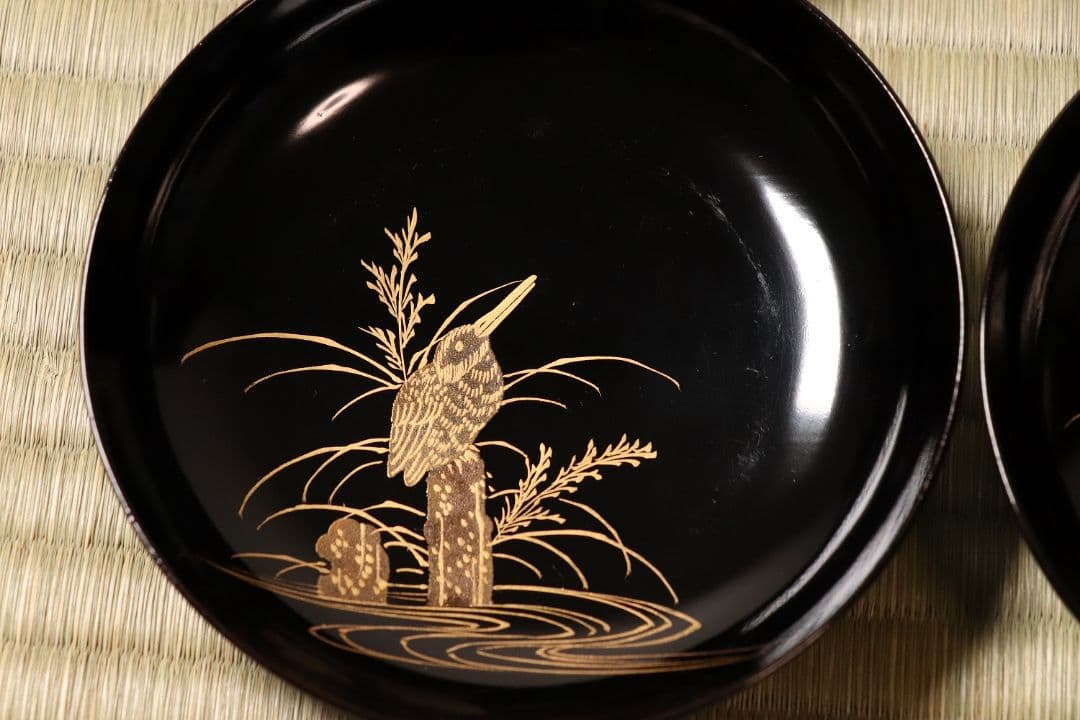 漆芸 鳥図 金蒔絵 黒塗 木皿 二十客 水鳥 川蝉 小皿 木製漆器【MA471】