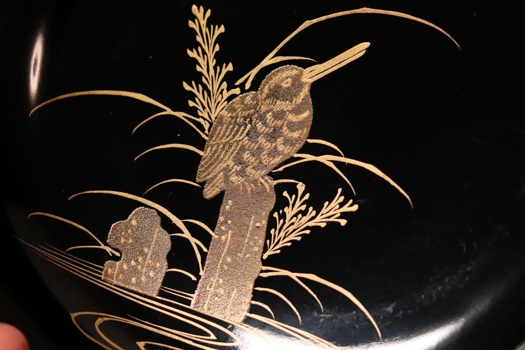 漆芸 鳥図 金蒔絵 黒塗 木皿 二十客 水鳥 川蝉 小皿 木製漆器【MA471】