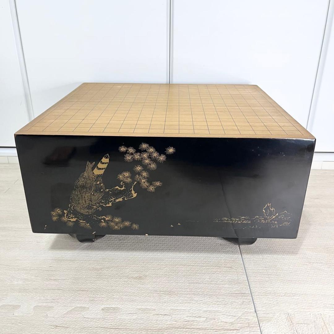 碁盤 黒漆塗 金蒔絵 鷹 松 柾目 高級 6寸盤 厚さ18㎝