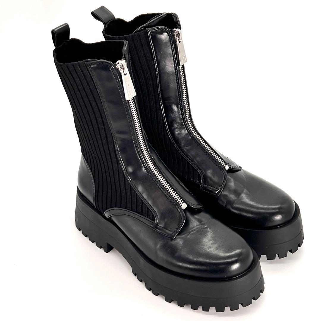 【美品】ZARA ザラ 厚底 ソックスブーツ フロントジップ トラックソール