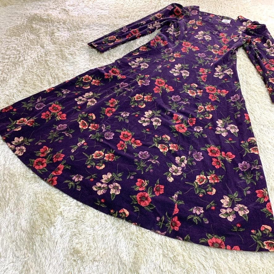 ローラアシュレイ 長袖ロングワンピース ベロア 花柄 パフスリーブ Aライン 紫