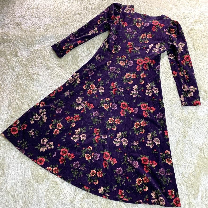 ローラアシュレイ 長袖ロングワンピース ベロア 花柄 パフスリーブ Aライン 紫
