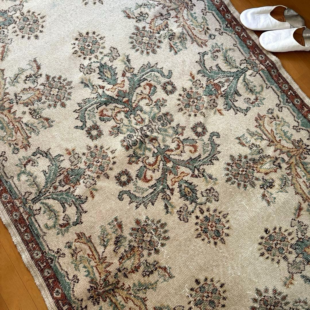 117×214 エメラルドグリーン　メダリオンボタニカル　トルコヴィンテージラグ