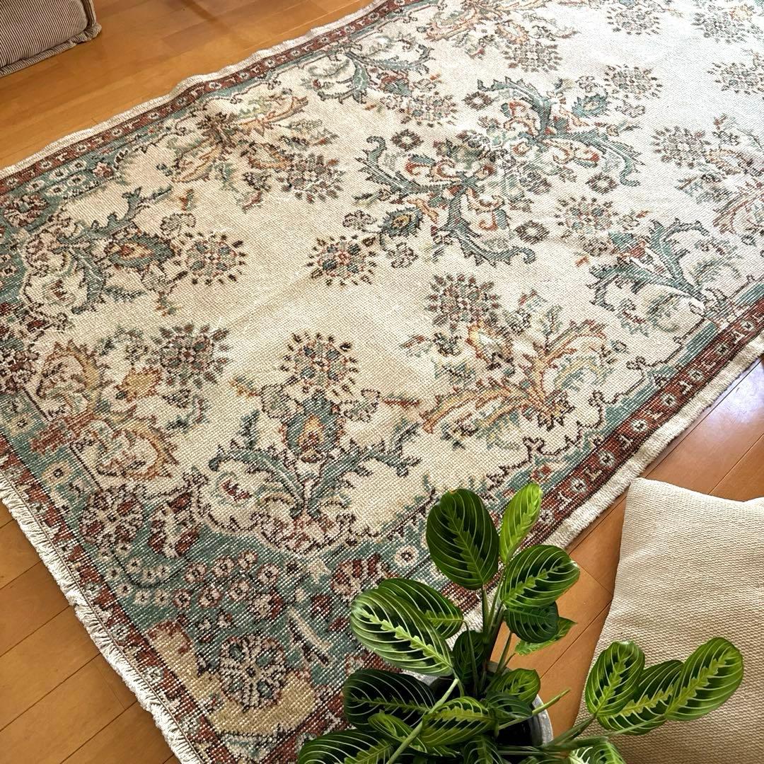 117×214 エメラルドグリーン　メダリオンボタニカル　トルコヴィンテージラグ