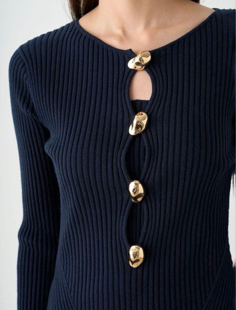 SNIDEL デザインフロントボタンニットワンピース NAVY