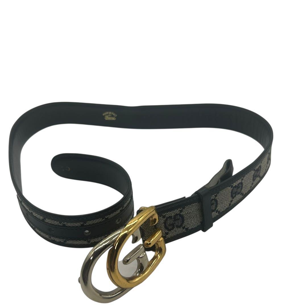 【極美品】グッチ GGキャンバス×レザー ベルト ツートーGGバックル 77cm