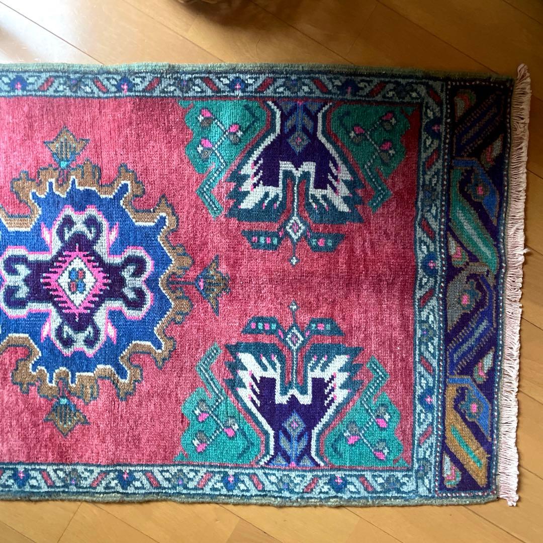 51×101 コーラルピンク　レアなウール　メダリオン　トルコヴィンテージラグ