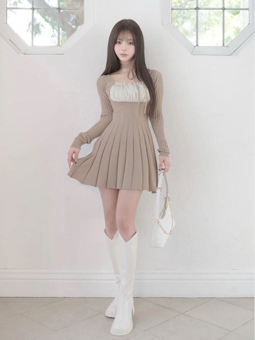 コンビニ支払い❌ DARICH ネックリボンデザインフレアニットミニワンピース