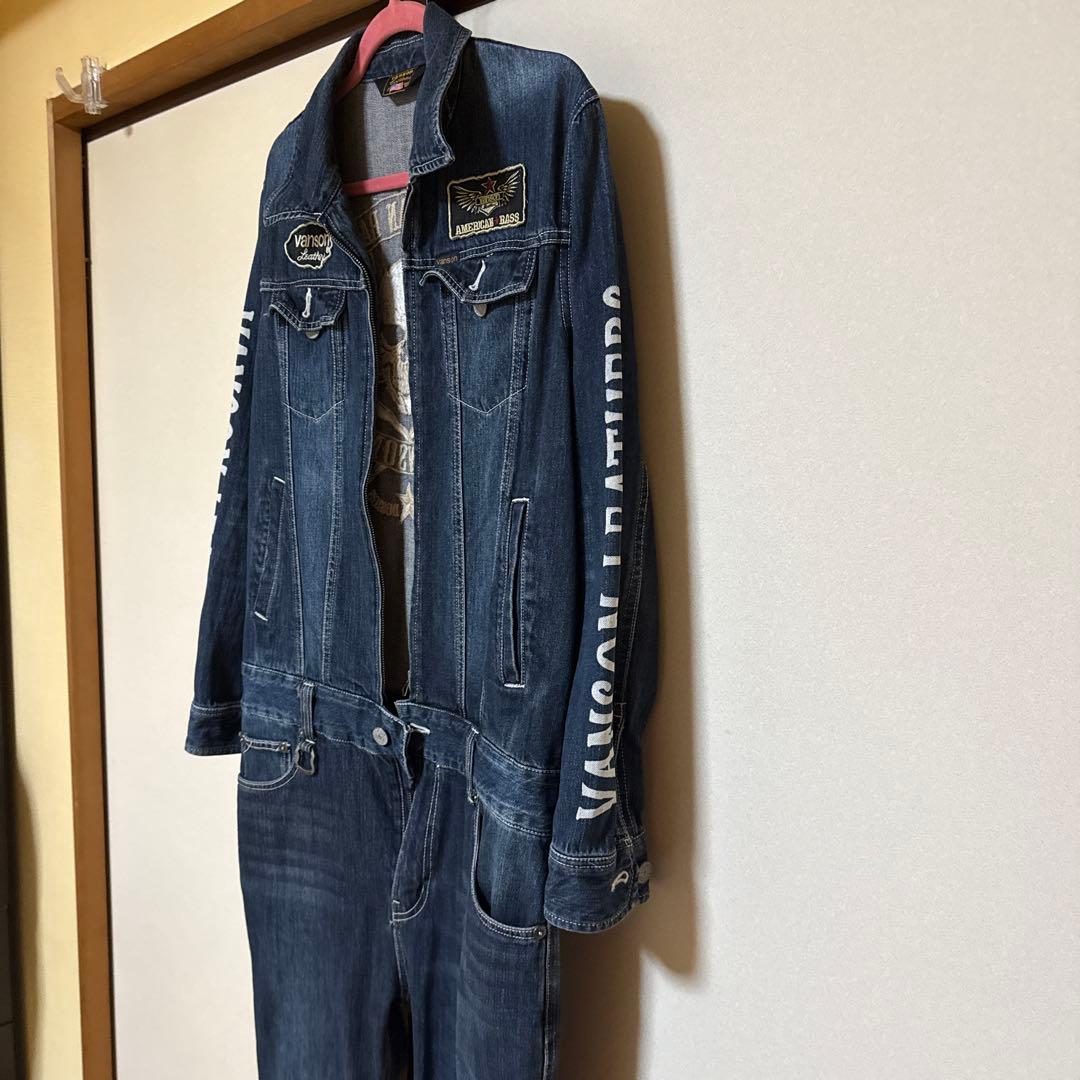 vanson デニムオーバーオール スカルプリント