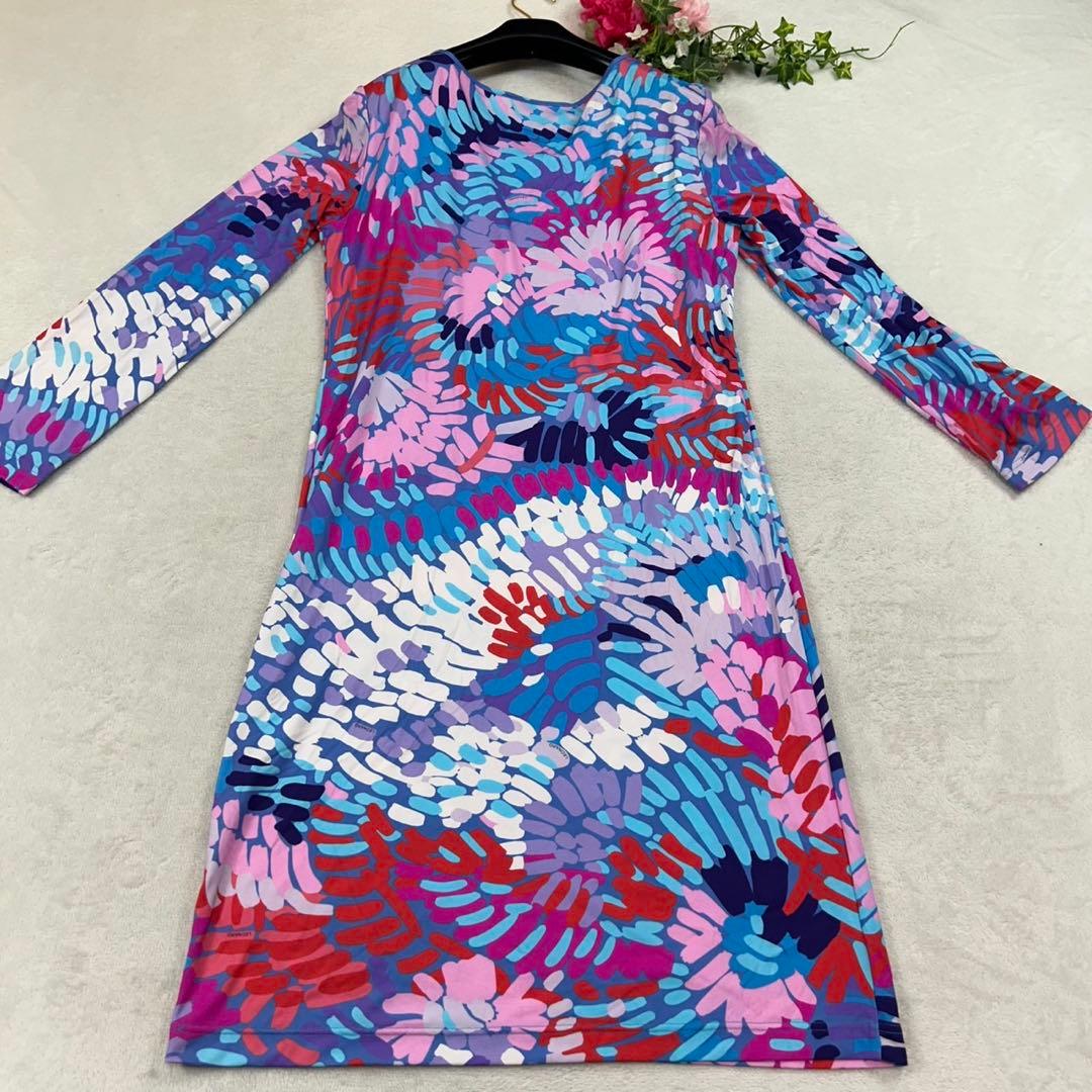 K552 新品未使用 L レオナール 総柄 ひざ丈ワンピース ブルー レディース