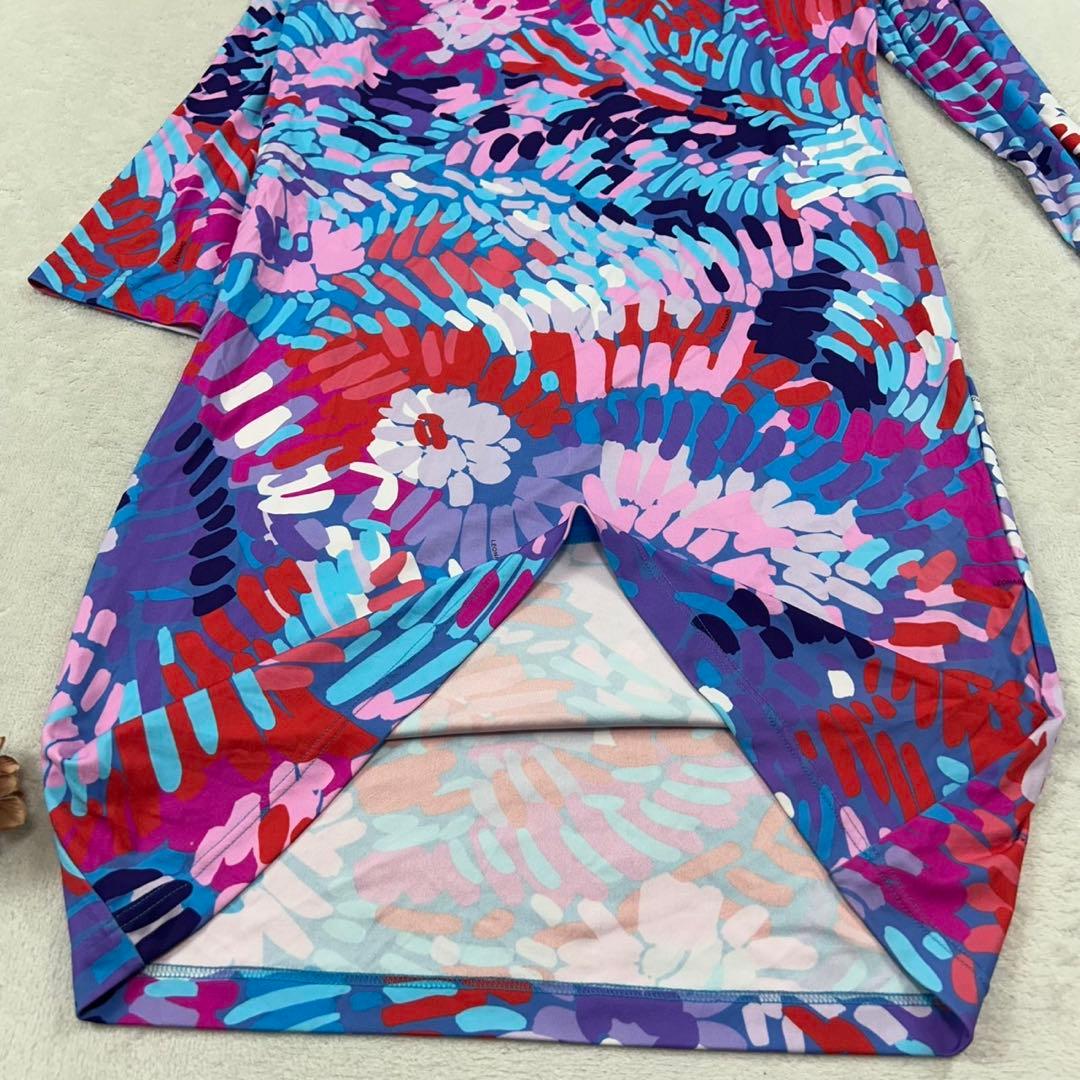 K552 新品未使用 L レオナール 総柄 ひざ丈ワンピース ブルー レディース