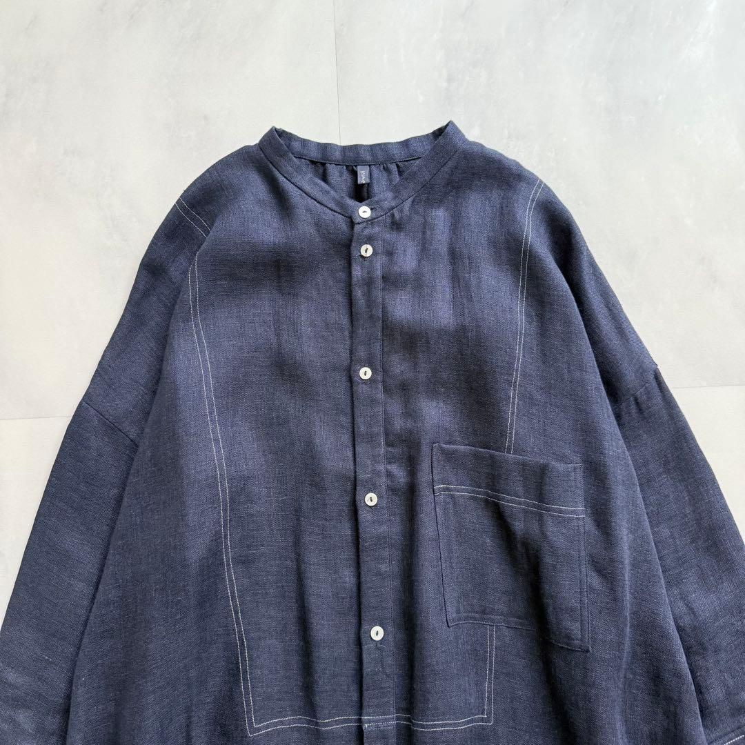 nume ヌメ リネンダブルガーゼシャツワンピース　ネイビー　3 パラスパレス