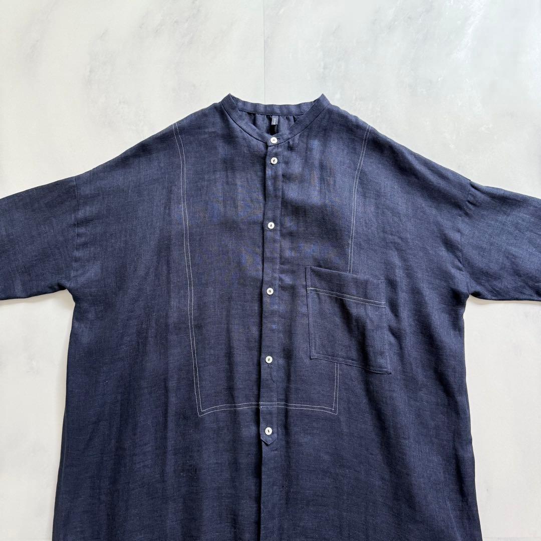 nume ヌメ リネンダブルガーゼシャツワンピース　ネイビー　3 パラスパレス