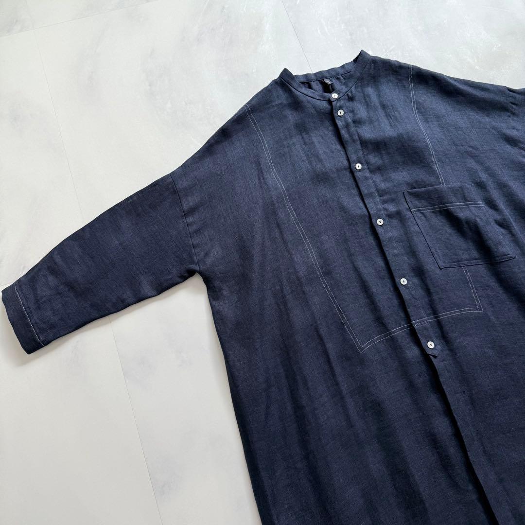 nume ヌメ リネンダブルガーゼシャツワンピース　ネイビー　3 パラスパレス